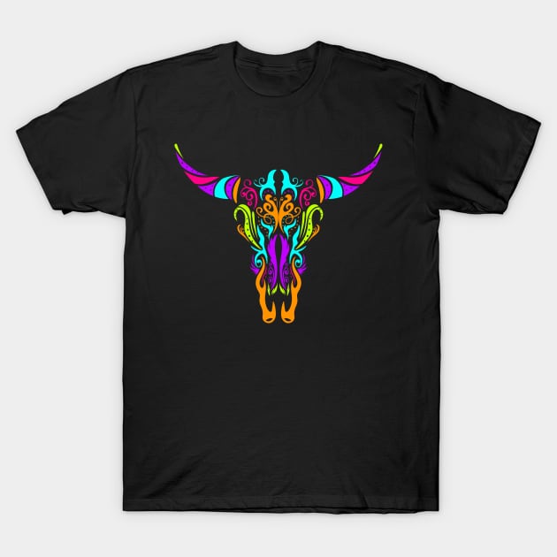 Stylized Cow Longhorn Skull Painting Day Of The Dead T-Shirt by SinBle